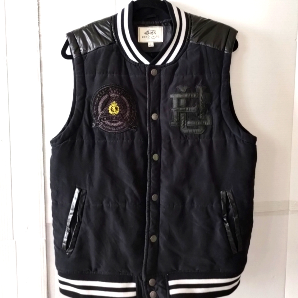 ECKO UNLTD Black Varsity Logo Vest Men SZ Large Thick Sturdy Cozy Y2K Streetwear